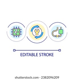 Circuit board repair service loop concept icon. Motherboard maintenance abstract idea thin line illustration. Upgrade computer hardware. Isolated outline drawing. Editable stroke. Arial font used
