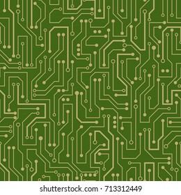 Circuit Board. Seamless Green Electronic Pattern. Vector Illustration