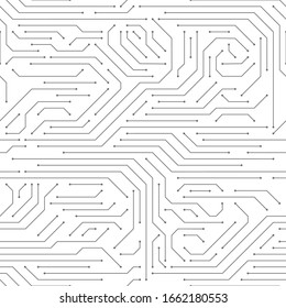 Circuit board seamless. High-tech technology electronic system pattern, digital network scheme monochrome printed modern wallpaper vector texture