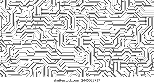 Nahtloses Muster auf der Leiterplatte, Hintergrund der Hauptplatine des Computers. Vektorgrafik-Technologie-Motiv mit Chips, Bahnen, elektronischen Bauteilen und Lötverbindungen. Interkonnektiertes monochromes Kacheldesign