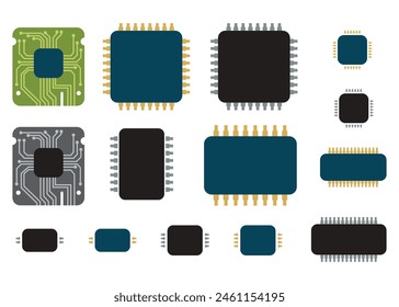 Circuit Board Set Illustration. Circuit Electronic Set Element. Chip Cpu Set Vector.