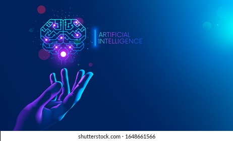 Circuit board in shape electronic brain with gyrus, symbol ai hanging over hand. Symbol of computer neural networks or artificial intelligence in neon cyberspace with glowing title on palm scientist