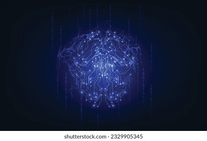 Placa de circuito en forma de cerebro electrónico con símbolo de redes neuronales informáticas o inteligencia artificial en el ciberespacio neón con título brillante en el científico de la palma