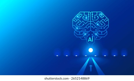 Placa de circuito em forma de cérebro eletrônico com giro, símbolo AI pendurado no ciberespaço. Símbolo de redes neurais de computador, inteligência artificial ou IA e AGI. Banner conceitual do hardware do agente de IA.
