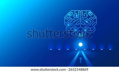 Circuit board in shape electronic brain with gyrus, symbol AI hanging in cyberspace. Symbol of computer neural networks, artificial intelligence or AI and AGI. AI agent hardware conceptual banner.