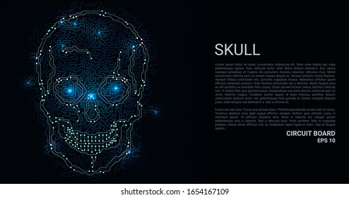 Circuit Board in the shape of a skull. Microchip skull background. High-tech vector illustration of a skull made of chips. Electronic board.