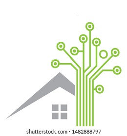 circuit board shaped tree and abstract house in behind. vector logo icon 