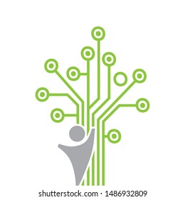 circuit board shaped tree and abstract human figure,  vector 