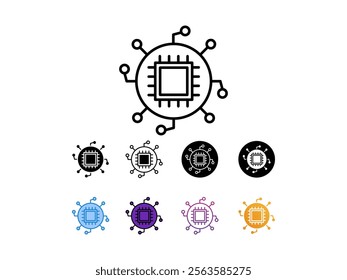 
Circuit board showing eigh connections extending outward,icon with 9 different styles,line, glyp,flat gradient etc.perfect for technology concepts, electronics industry, networking, computer hardware