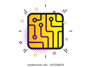 Circuit board sign icon. Halftone dots pattern. Technology scheme square symbol. Classic flat technology icon. Vector