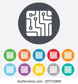 Circuit board sign icon. Technology scheme square symbol. Round colourful 11 buttons. Vector