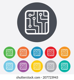 Circuit board sign icon. Technology scheme square symbol. Round colourful 11 buttons. Vector