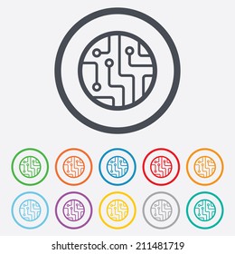 Circuit board sign icon. Technology scheme circle symbol. Round circle buttons with frame. Vector