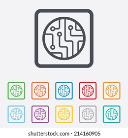 Circuit board sign icon. Technology scheme circle symbol. Round squares buttons with frame. Vector