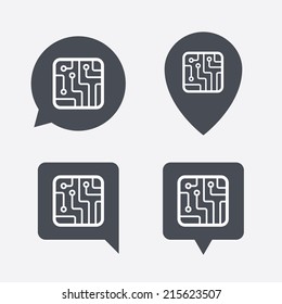 Circuit board sign icon. Technology scheme square symbol. Map pointers information buttons. Speech bubbles with icons. Vector
