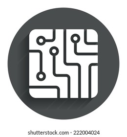 Circuit board sign icon. Technology scheme square symbol. Circle flat button with shadow. Modern UI website navigation. Vector
