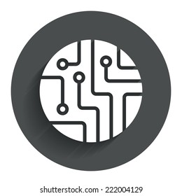 Circuit board sign icon. Technology scheme circle symbol. Circle flat button with shadow. Modern UI website navigation. Vector
