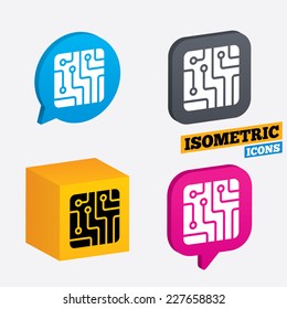Circuit board sign icon. Technology scheme square symbol. Isometric speech bubbles and cube. Rotated icons with edges. Vector