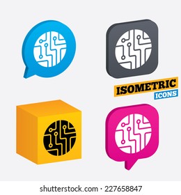 Circuit board sign icon. Technology scheme circle symbol. Isometric speech bubbles and cube. Rotated icons with edges. Vector