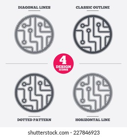 Circuit board sign icon. Technology scheme circle symbol. Diagonal and horizontal lines, classic outline, dotted texture. Pattern design icons.  Vector