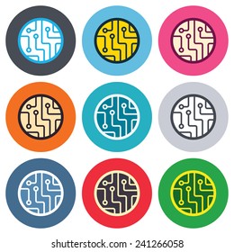 Circuit board sign icon. Technology scheme circle symbol. Colored round buttons. Flat design circle icons set. Vector