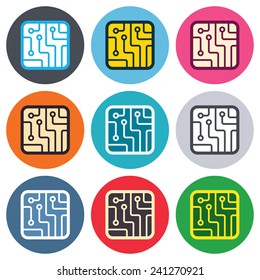 Circuit board sign icon. Technology scheme square symbol. Colored round buttons. Flat design circle icons set. Vector