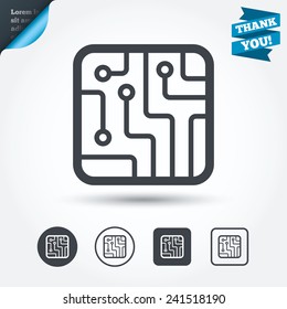 Circuit board sign icon. Technology scheme square symbol. Circle and square buttons. Flat design set. Thank you ribbon. Vector
