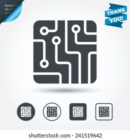 Circuit board sign icon. Technology scheme square symbol. Circle and square buttons. Flat design set. Thank you ribbon. Vector