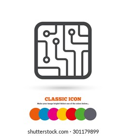 Circuit board sign icon. Technology scheme square symbol. Classic flat icon. Colored circles. Vector