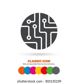 Circuit board sign icon. Technology scheme circle symbol. Classic flat icon. Colored circles. Vector