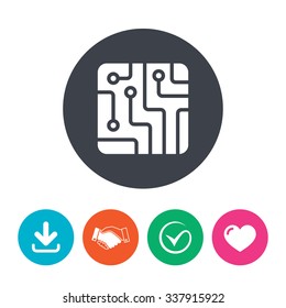 Circuit board sign icon. Technology scheme square symbol. Download arrow, handshake, tick and heart. Flat circle buttons.