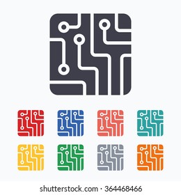 Circuit board sign icon. Technology scheme square symbol. Colored flat icons on white background.