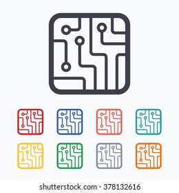 Circuit board sign icon. Technology scheme square symbol. Colored flat icons on white background.