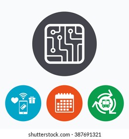 Circuit board sign icon. Technology scheme square symbol. Mobile payments, calendar and wifi icons. Bus shuttle.