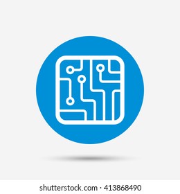 Circuit board sign icon. Technology scheme square symbol. Blue circle button with icon. Vector