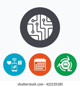 Circuit board sign icon. Technology scheme circle symbol. Mobile payments, calendar and wifi icons. Bus shuttle.