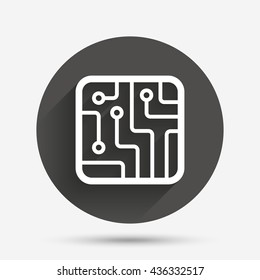 Circuit board sign icon. Technology scheme square symbol. Circle flat button with shadow. Vector