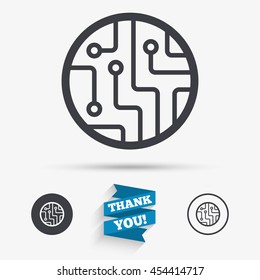 Circuit board sign icon. Technology scheme circle symbol. Flat icons. Buttons with icons. Thank you ribbon. Vector