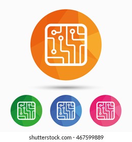 Circuit board sign icon. Technology scheme square symbol. Triangular low poly button with flat icon. Vector