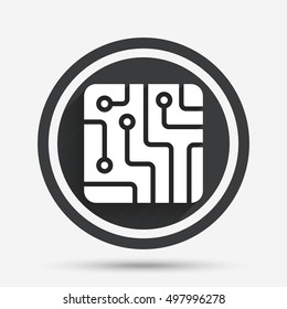 Circuit board sign icon. Technology scheme square symbol. Circle flat button with shadow and border. Vector