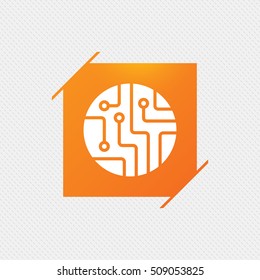 Circuit board sign icon. Technology scheme circle symbol. Orange square label on pattern. Vector