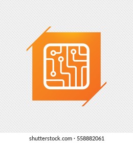 Circuit board sign icon. Technology scheme square symbol. Orange square label on pattern. Vector