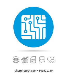 Circuit board sign icon. Technology scheme square symbol. Copy files, chat speech bubble and chart web icons. Vector