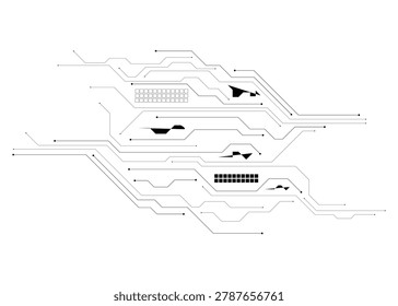 Circuit board with solar panel, resistor, and diode symbols on white background, wiring diagram