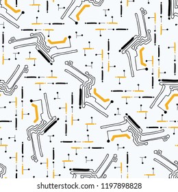 Patrón de vectores sin soldadura estilo placa del circuito. Ilustración de la tecnología informática dibujada a mano para impresiones de moda, envolver de regalo, embalajes a la moda, artículos de papel, papel de fondo nervioso o textura de fondo masculino