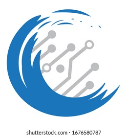 circuit board surrounded by water wave, vector