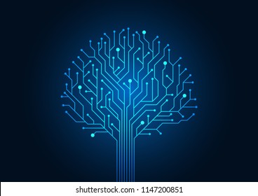 Circuit board symbol tree shape. Abstract background blue color technology concept. Vector illustration dots and lines social network and connecting.