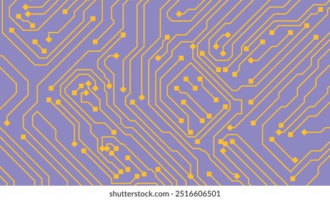Circuit board, technical background, chip pattern, motherboard, Artificial Intelligence concept. Contrast yellow on violet. Computer electronic horizontal backdrop. Flat vector illustration eps 10