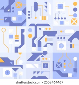 Circuit board technology background. AI semiconductor and computer processor. Abstract polygonal microchip. High-tech circuit board connection system concept. Vector abstract technology illustration.