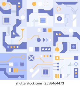 Circuit board technology background. AI semiconductor and computer processor. Abstract polygonal microchip. High-tech circuit board connection system concept. Vector abstract technology illustration.